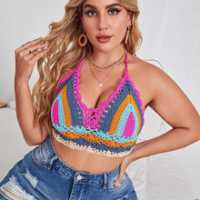 将图片加载到图库查看器，Crochet Bikini Sets Multi Color Knitted Rainbow Striped Off Shoulder Top Bottom Bikini Women's Crochet Striped Lace Up  Shorts Bikini Set 2 PCS Knit Bathing Suit Swimsuit Beachwear Bathing Suit Women Swimsuit

