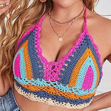 将图片加载到图库查看器，Crochet Bikini Sets Multi Color Knitted Rainbow Striped Off Shoulder Top Bottom Bikini Women's Crochet Striped Lace Up  Shorts Bikini Set 2 PCS Knit Bathing Suit Swimsuit Beachwear Bathing Suit Women Swimsuit

