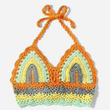 将图片加载到图库查看器，Crochet Bikini Sets Multi Color Knitted Rainbow Striped Off Shoulder Top Bottom Bikini Women's Crochet Striped Lace Up  Shorts Bikini Set 2 PCS Knit Bathing Suit Swimsuit Beachwear Bathing Suit Women Swimsuit
