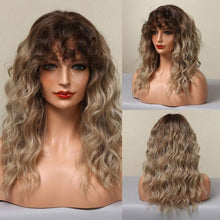 Load image into Gallery viewer, Curly Synthetic Wigs for White Women Medium Length Ombre Brown Blonde Wigs with Bangs High Temperature Cosplay Hair Wigs For Black Women Halloween Party
