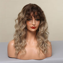 Load image into Gallery viewer, Curly Synthetic Wigs for White Women Medium Length Ombre Brown Blonde Wigs with Bangs High Temperature Cosplay Hair Wigs For Black Women Halloween Party
