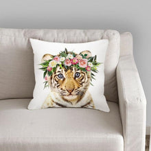 将图片加载到图库查看器，Cute Baby Animals Pattern Pillow Case Cotton Linen Cushion Cover for Home Sofa Pillow Covers, Cushion Covers Tiger Bunny Rabbit Horse Sheep Bear With Head Flowers Decorative Velvet Pillow Covers 45X45CM
