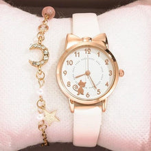 Load image into Gallery viewer, Cute Cat Gold Dial Watch Fashion Kids Leather Strap Quartz Watch Children Set Bracelet Watch Leather Band Luxury Quartz Watches Fashion Creative Wristwatch For Women Girls
