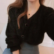 Load image into Gallery viewer, Cute Kitty Chic Fashionable V-Neck Single Breasted Mink Short Knitted Sweaters Outerwear For Women Autumn Long Sleeve Sweater Coat
