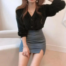 Load image into Gallery viewer, Cute Kitty Chic Fashionable V-Neck Single Breasted Mink Short Knitted Sweaters Outerwear For Women Autumn Long Sleeve Sweater Coat
