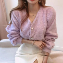 Load image into Gallery viewer, Cute Kitty Chic Fashionable V-Neck Single Breasted Mink Short Knitted Sweaters Outerwear For Women Autumn Long Sleeve Sweater Coat
