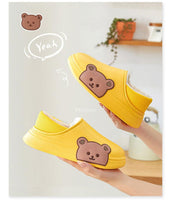 将图片加载到图库查看器，Cute Side Bear Waterproof Cotton Women Shoes Winter Warm Indoor Outdoor Wrapped Heel Slippers EVA Comfort Memory Foam Slippers Waterproof Non Skid Warm Washable Cotton Shoes Loafer Slippers
