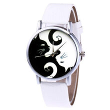 将图片加载到图库查看器，Cute White And Black Cats Couple Watches With PU Leather Strap And Round Dial Quartz Watches For Women Cat Dial With Stainless Steel Mesh Band Genuine Leather Strap Comfortable Ladies Wristwatch
