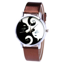 将图片加载到图库查看器，Cute White And Black Cats Couple Watches With PU Leather Strap And Round Dial Quartz Watches For Women Cat Dial With Stainless Steel Mesh Band Genuine Leather Strap Comfortable Ladies Wristwatch
