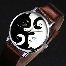 将图片加载到图库查看器，Cute White And Black Cats Couple Watches With PU Leather Strap And Round Dial Quartz Watches For Women Cat Dial With Stainless Steel Mesh Band Genuine Leather Strap Comfortable Ladies Wristwatch
