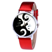 将图片加载到图库查看器，Cute White And Black Cats Couple Watches With PU Leather Strap And Round Dial Quartz Watches For Women Cat Dial With Stainless Steel Mesh Band Genuine Leather Strap Comfortable Ladies Wristwatch
