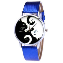 将图片加载到图库查看器，Cute White And Black Cats Couple Watches With PU Leather Strap And Round Dial Quartz Watches For Women Cat Dial With Stainless Steel Mesh Band Genuine Leather Strap Comfortable Ladies Wristwatch
