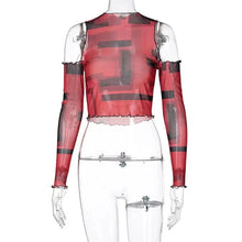 Load image into Gallery viewer, Cute women off shoulder Print Mesh long sleeve see through t - Shirt crop top Streetwear cute summer tops
