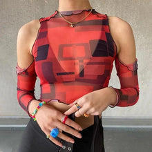 Load image into Gallery viewer, Cute women off shoulder Print Mesh long sleeve see through t - Shirt crop top Streetwear cute summer tops
