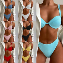 将图片加载到图库查看器，Cute Women Swimwear Pure Color Bikinis Swimsuit Women High Waist String Solid Color 2 Piece Bathing Suits Summer High Cut Push Up Bathing Suit High Waist Beach Wear Breathable Bikini
