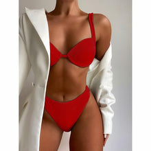 将图片加载到图库查看器，Cute Women Swimwear Pure Color Bikinis Swimsuit Women High Waist String Solid Color 2 Piece Bathing Suits Summer High Cut Push Up Bathing Suit High Waist Beach Wear Breathable Bikini
