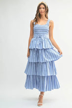 将图片加载到图库查看器，Pin Stripe Smocked Bodice Layered Midi Dress – Smocked Bodice Dress, Fluttering Pinstripe Midi Dress, Layered Midi Dress, Trendy Midi Dress, Flattering Pinstripe Dress

