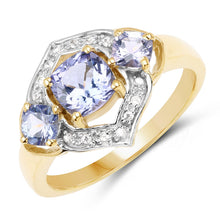 将图片加载到图库查看器，14K Yellow Gold Plated 1.58 Carat Genuine Tanzanite and White Topaz .925 Sterling Silver Ring
