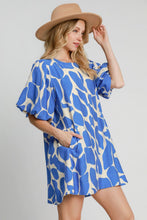 Load image into Gallery viewer, Blue Two Tone Abstract Print Puff Sleeve Dress Trendy Modern Print Dress for Women Summer Dress
