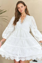 Load image into Gallery viewer, Lace Detail Tiered Eyelet V-Neck Babydoll Dress For Women – Feminine Boho Chic Dress, Fluttering, Elegant Lace &amp; Eyelet
