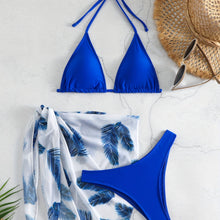 Load image into Gallery viewer, Feather Luxe 3-Piece Bikini Set – Exotic Feather Print Halter Neck Backless Swimsuit with High Cut Tie Back Bottoms and Wrap Cover-Up – Women’s High-Stretch Comfortable Swimwear for Summer Beach &amp; Pool Vacations
