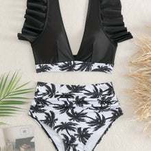 Load image into Gallery viewer, Bikini Black Solid Color Ruffle V Neck 2 Piece Swimsuit for Women – High Waisted Flattering Bikini Set with Lettuce Trim Bottoms – Sleek Stretchy Fabric Swimwear for Beach Days Poolside Style and Summer Vacation Looks
