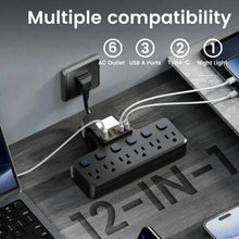 Load image into Gallery viewer, 12-in-1 Adjustable Desk Lamp Power Strip – 6 AC Outlets, 3 USB-A &amp; 2 Type-C Ports, Surge Protection
