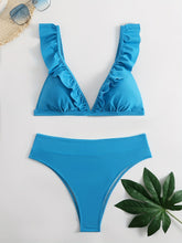 Load image into Gallery viewer, New Elegance Curve V-Neck Bikini Set – Sleek Solid Color High Waist Swimsuit with High-Cut Leg and Delicate Lettuce Trim – Stretch Comfort and Easy-Care Two-Piece Swimwear for Women’s Poolside Style
