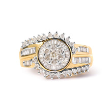 Load image into Gallery viewer, 10K Yellow Gold 1 Cttw Round and Baguette cut Diamond Cluster Swirl Band Ring (H-I Color, I1-I2 Clarity) - Ring Size 7
