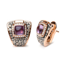 Load image into Gallery viewer, 18K Rose Gold 1 1/2 Cttw Round Diamond and 7mm Cushion Cut Purple Amethyst Gemstone Geometrical Statement Stud Earrings (Brown and G-H Color, SI1-SI2 Clarity)
