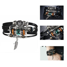 将图片加载到图库查看器，BOHO Tibet Stone Feather Multilayer Leather Bracelet Eye Fish Charms Beads Bracelets For Men Vintage Punk Wrap Wristband Cool Jewelry
