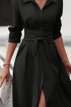 Load image into Gallery viewer, Elegant Black Collared Neck Long Sleeve Midi Shirt Dress Tied and Buttoned Women’s Dress
