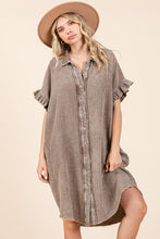 Load image into Gallery viewer, Mineral Wash Cotton Gauze Mini Shirt Dress For Women – Casual, Relaxed Fit with Charming Ruffle Sleeves and Practical Pockets
