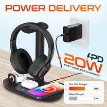 Load image into Gallery viewer, Delton HS1 3-in-1 Wireless Charging Station with Headphone Stand, Fast Charging Desk Charging Station, 15W Wireless Charger Stand for iPhones, iWatches, AirPods &amp; Qi-enabled Devices - Black
