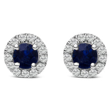 Load image into Gallery viewer, 10K White Gold 3.25mm x 3.25mm Round Blue Sapphire and 1/10 Cttw Diamond Halo Stud Earrings (I-J Color, I1-I2 Clarity)
