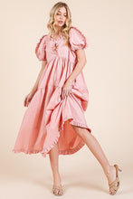 Load image into Gallery viewer, Ruffle Trim Puff Sleeve Tiered Babydoll Midi Dress – Fluttering, Sweet, Elegant, Feminine, and Trendy Babydoll Midi Dress with Ruffle Trim and Puff Sleeves
