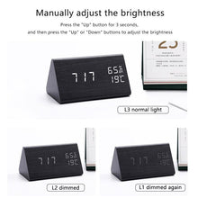 Load image into Gallery viewer, Digital Clock LED Wooden Alarm Clock Digital Alarm Clock with Wooden Electronic LED Time Display 3 Alarm Settings Humidity &amp; Temperature Detect Wood Made Electric Clocks Table Sound Control Electronic Clocks Desktop USB/AAA Powered Home Table Decor
