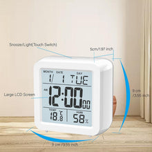 Load image into Gallery viewer, Digital Desktop LCD Snooze Calendar Alarm clock Digital Desktop Clock Electronic Digital Alarm Clocks for Bedroom Home Decor LCD Screen with Time/Calendar/Temperature Display White Bedroom Watch with Thermometer &amp; Hygrometer for Home  Battery Operated
