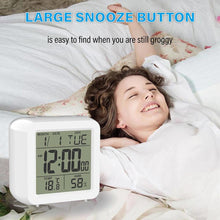 Load image into Gallery viewer, Digital Desktop LCD Snooze Calendar Alarm clock Digital Desktop Clock Electronic Digital Alarm Clocks for Bedroom Home Decor LCD Screen with Time/Calendar/Temperature Display White Bedroom Watch with Thermometer &amp; Hygrometer for Home  Battery Operated
