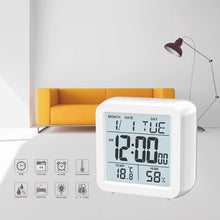 Load image into Gallery viewer, Digital Desktop LCD Snooze Calendar Alarm clock Digital Desktop Clock Electronic Digital Alarm Clocks for Bedroom Home Decor LCD Screen with Time/Calendar/Temperature Display White Bedroom Watch with Thermometer &amp; Hygrometer for Home  Battery Operated
