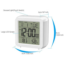 Load image into Gallery viewer, Digital Desktop LCD Snooze Calendar Alarm clock Digital Desktop Clock Electronic Digital Alarm Clocks for Bedroom Home Decor LCD Screen with Time/Calendar/Temperature Display White Bedroom Watch with Thermometer &amp; Hygrometer for Home  Battery Operated
