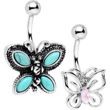 Load image into Gallery viewer, White Faux Opal Faux Turquoise Bestie Butterfly Belly Ring Set
