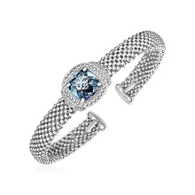 将图片加载到图库查看器，Popcorn Texture Cuff Bangle with Blue Topaz and Diamonds in Sterling Silver
