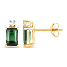 Load image into Gallery viewer, 1.24 Carat Genuine Green Tourmaline and White Diamond 14K Yellow Gold Earrings
