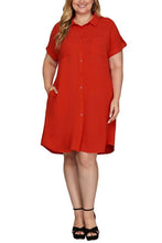 Load image into Gallery viewer, Deep Red Full Size Button-Down Short Sleeve Shirt Dress Plus Size Casual Women Simple Home Dress

