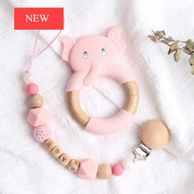Load image into Gallery viewer, Modern Luxury Pacifier Clip Chain Beech Beads Silicone Elephant Pendant Baby Teething Nursing Clips Chain For Baby

