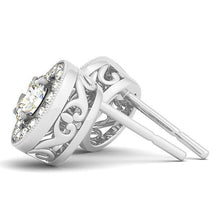 Load image into Gallery viewer, 14k White Gold Round Diamond Halo Milgrain Border Earrings (3/4 cttw)
