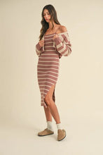 Load image into Gallery viewer, Stripe Crop Cardigan and Bodycon Dress Sweater Set – Two-Piece Knit Set, Striped Crop Cardigan Dress, Cozy Sweater Dress Set, Chic Layered Knit Outfit
