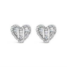Load image into Gallery viewer, 14K Yellow Gold Plated .925 Sterling Silver 1/2 Cttw Round and Baguette Diamond Composite Heart Shaped Stud Earring (I-J Color, SI2-I1 Clarity)
