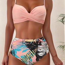 Load image into Gallery viewer, Tropical Vibe High Waist Bikini Set – Flirty V-Neck Swimsuit with Layered Colorblock High Cut Bottom Crisscross Strap Detail &amp; Ultra-Stretch Comfort – Women's Two Piece Swimwear for Summer Beach Pool &amp; Vacation Fun
